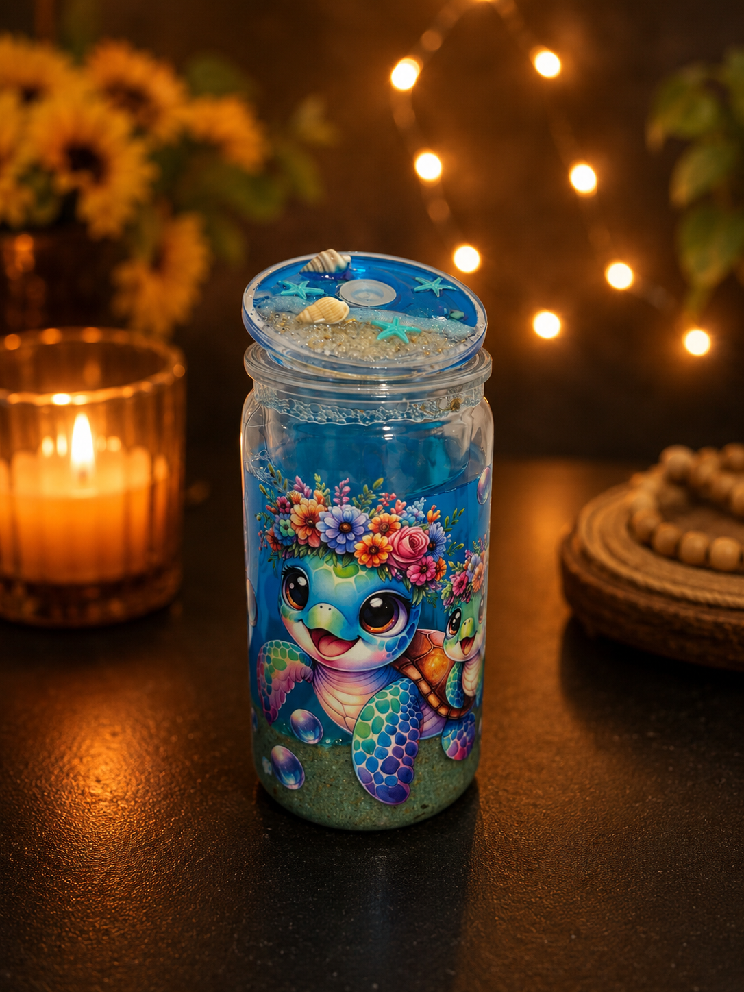 Ocean Blossom Turtle Acrylic Sand Tumbler š¢šāØ