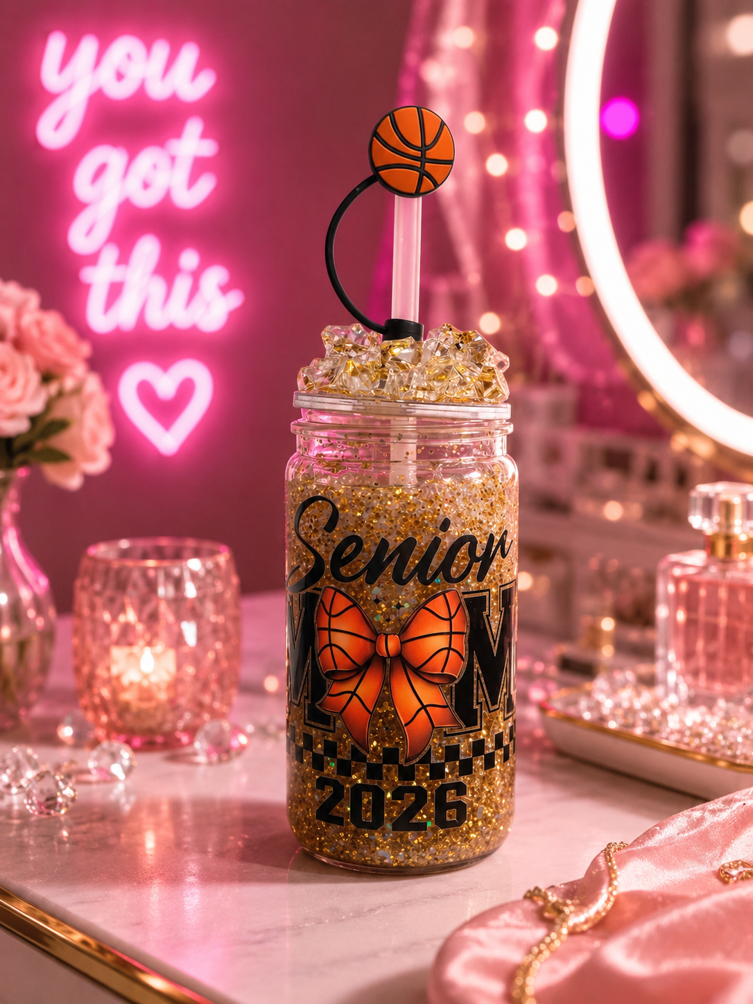 Senior Mom 2026 Basketball Acrylic Glitter Tumbler πβ¨