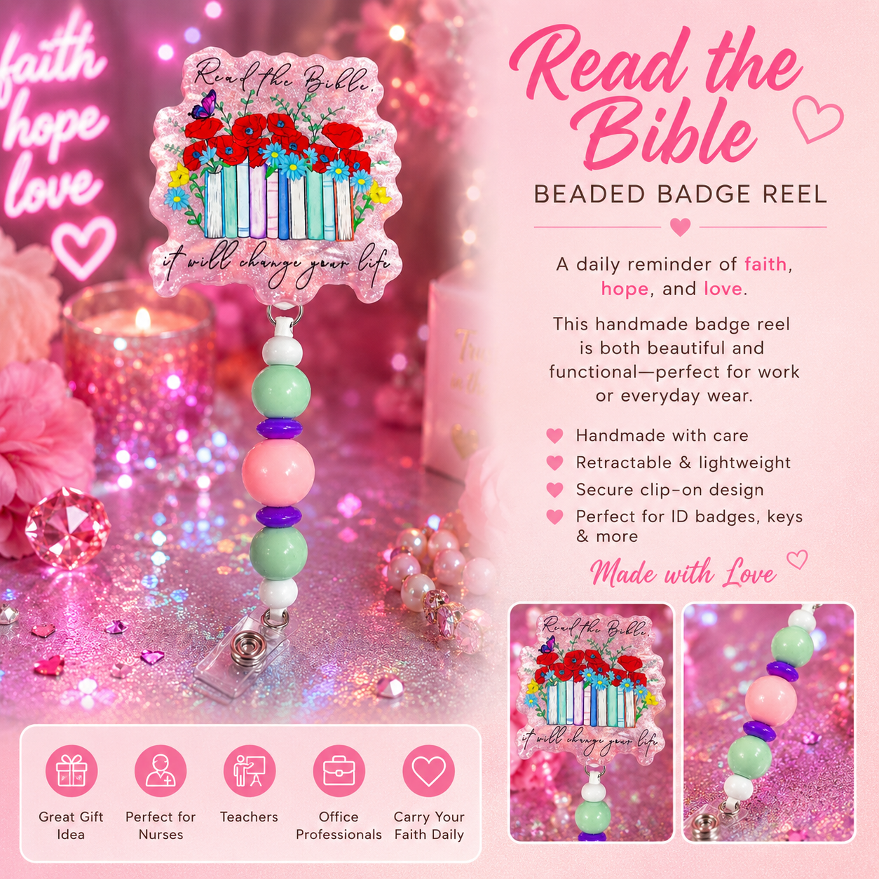 π Read the Bible Beaded Badge Reel β Faith Hope Love