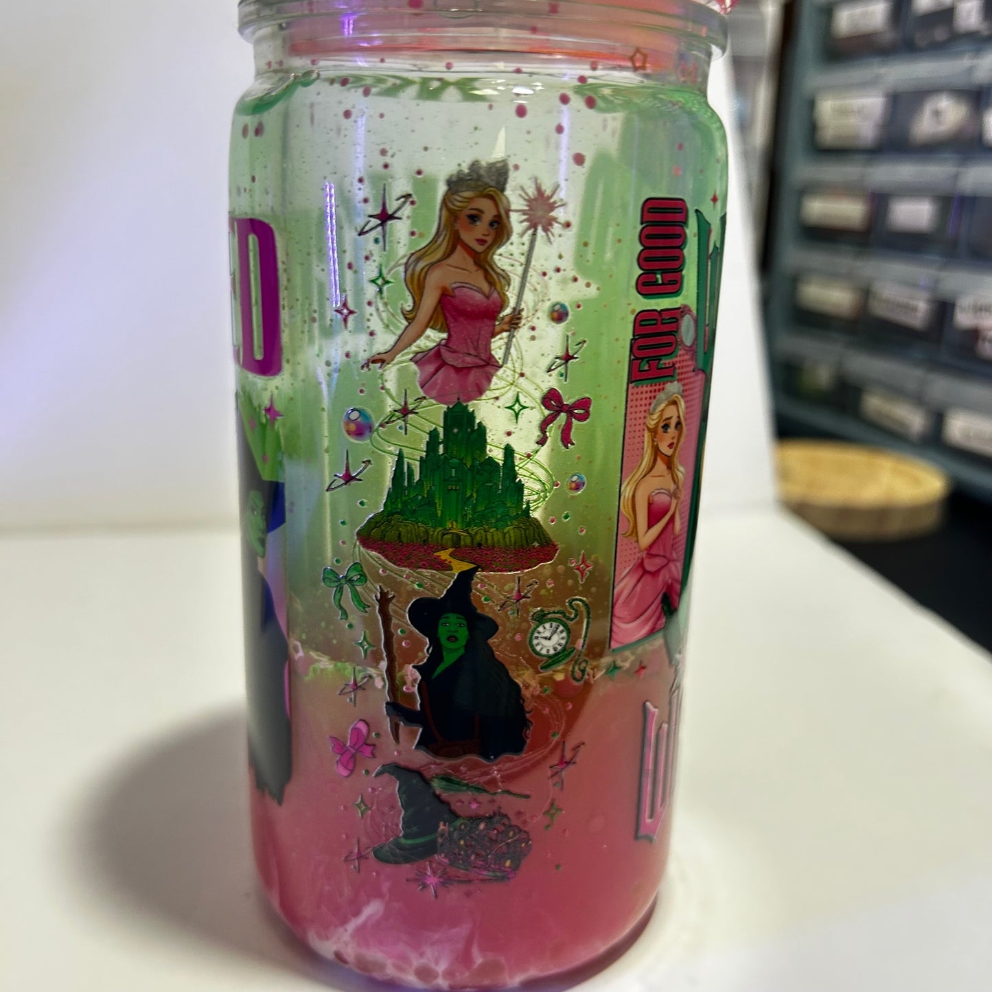 💚🩷 Together We’re Unlimited – Wicked Inspired Snow Globe Glass Can 💚🩷