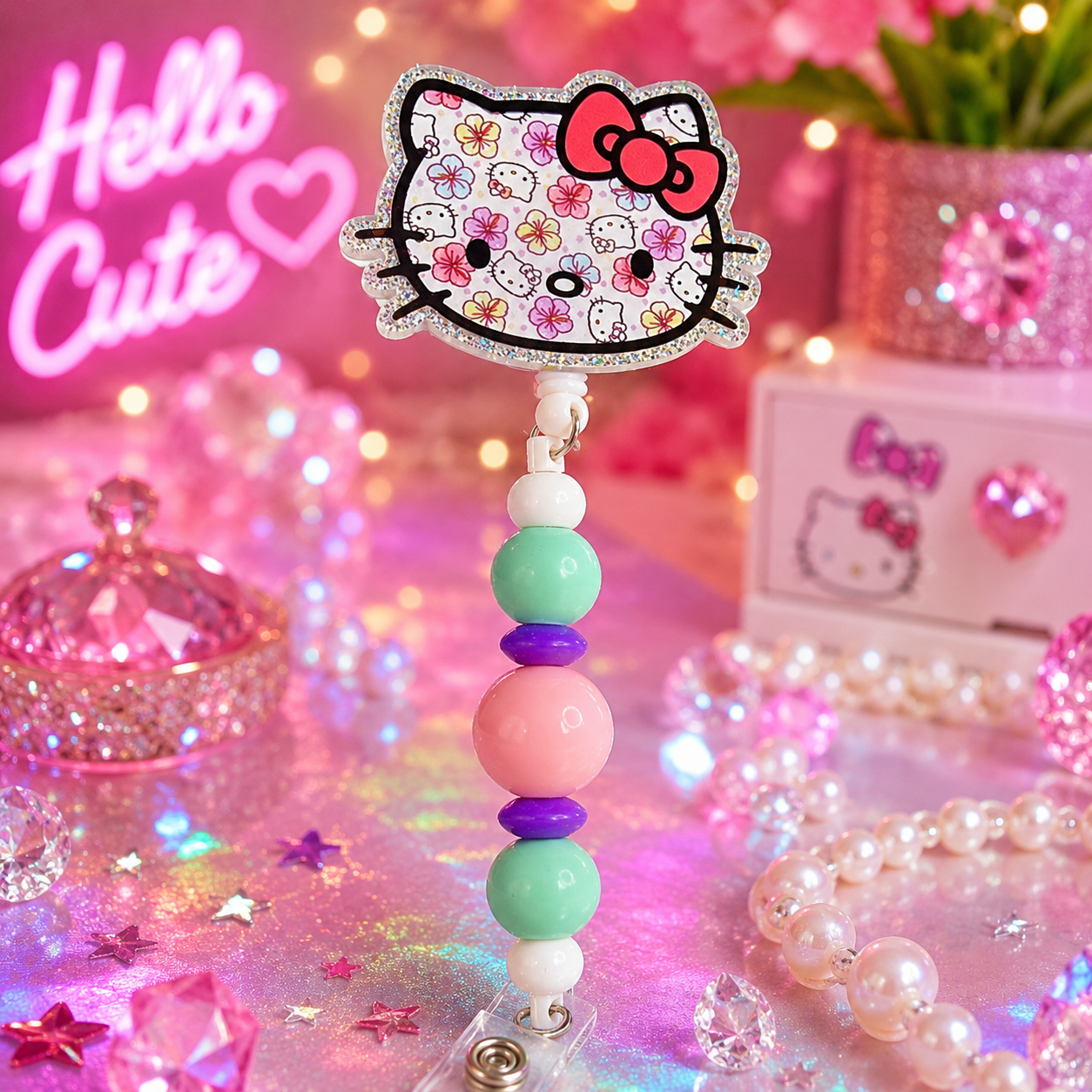 🎀 Floral Kitty Beaded Badge Reel ✨