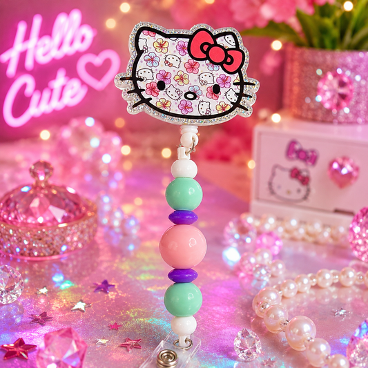 🎀 Floral Kitty Beaded Badge Reel ✨