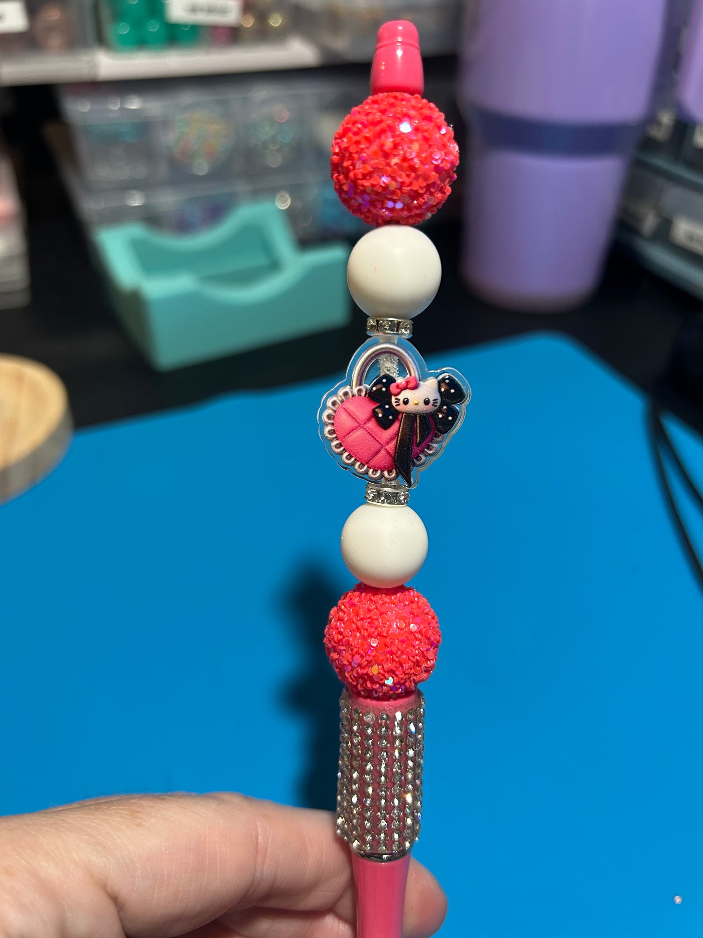🎀 Pink Kitty Glam Beaded Pen ✨