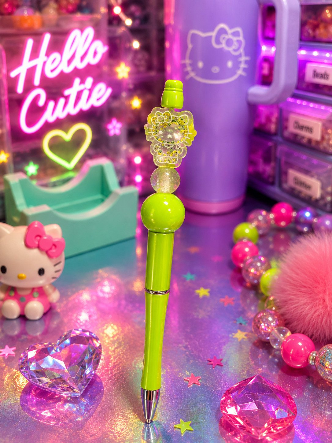 💚 Neon Kitty Glam Beaded Pen ✨