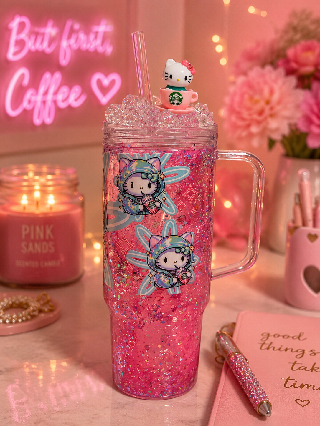Pink Coffee Lover Lava Tumbler – Glitter Acrylic Travel Cup with Ice Topper